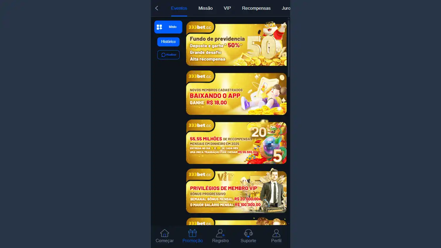 Eventos de bônus no registro